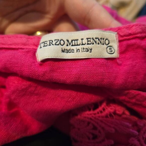 Terzo Millennio Blouse Top Italy Womens Size Small 100% Linen Pink Lace Trim - Picture 4 of 5